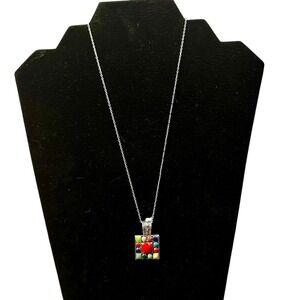 SHA Multicolor Mosaic Pendant Necklace Boho Artisan Style Silver-Tone Chain‎